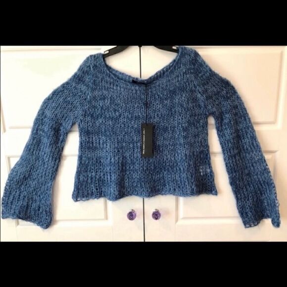 UNIQ BRAND BELL SLEEVE KNIT METALLIC BLUE CROP SWEATER - Picture 6 of 6